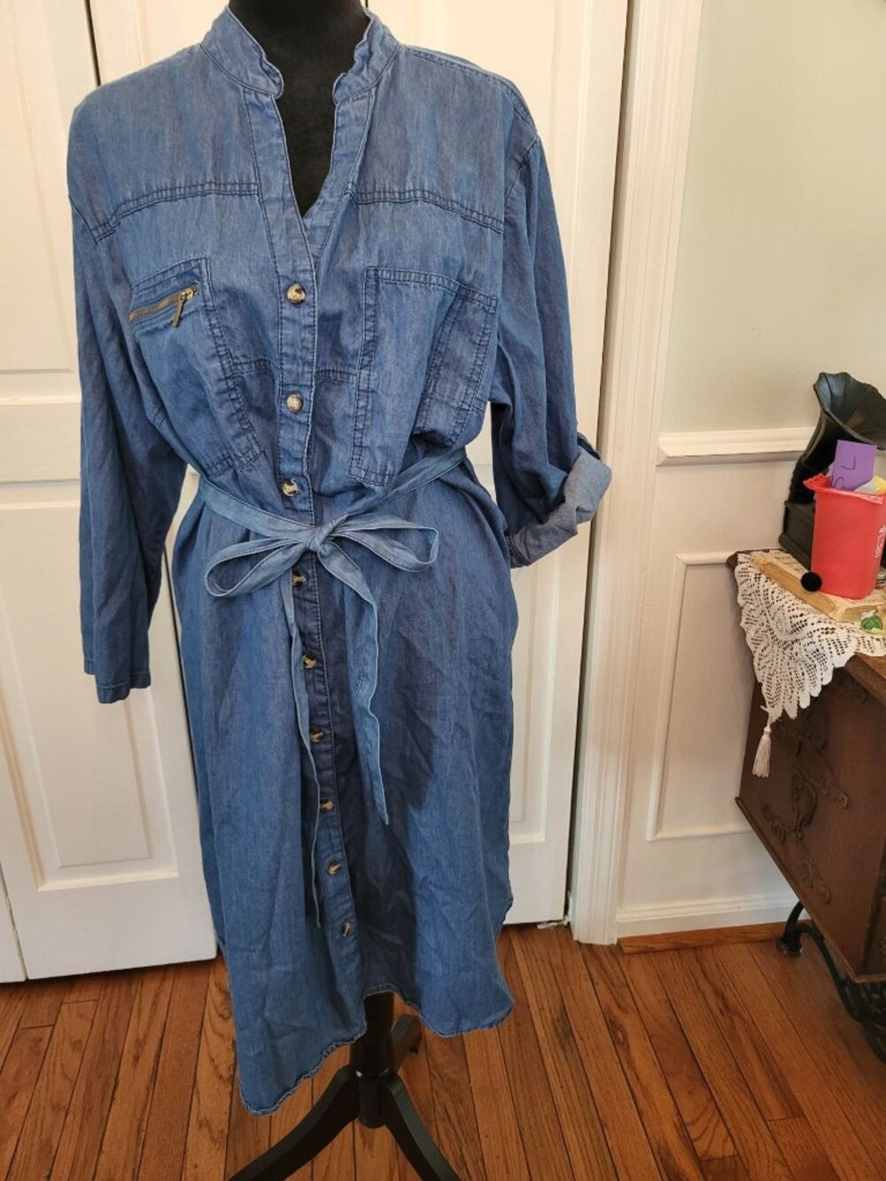 Speed Limit Medium Wash Chambray Button Up Tunic Mini Dress 2X Utility Western